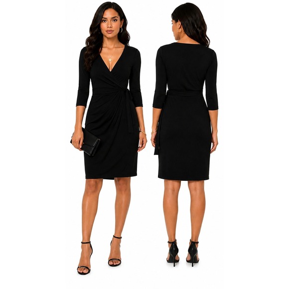 Sunglory Dresses & Skirts - Women's‎ Faux Wrap Dress by Sunglory Black 3/4 Sleeve Size M New With Tags